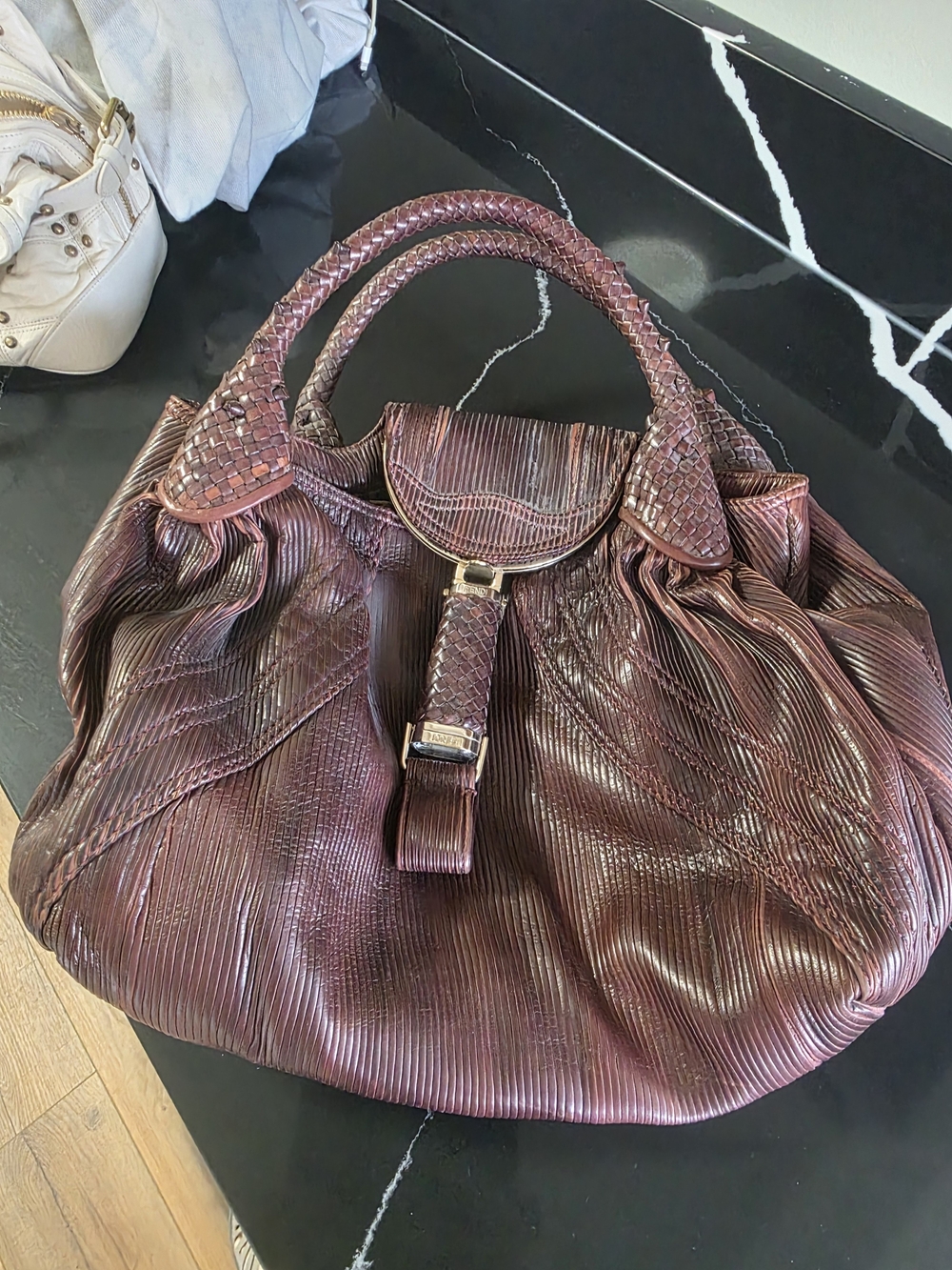 Women's Braided Handle Leather Tote Bag in Deep Plum